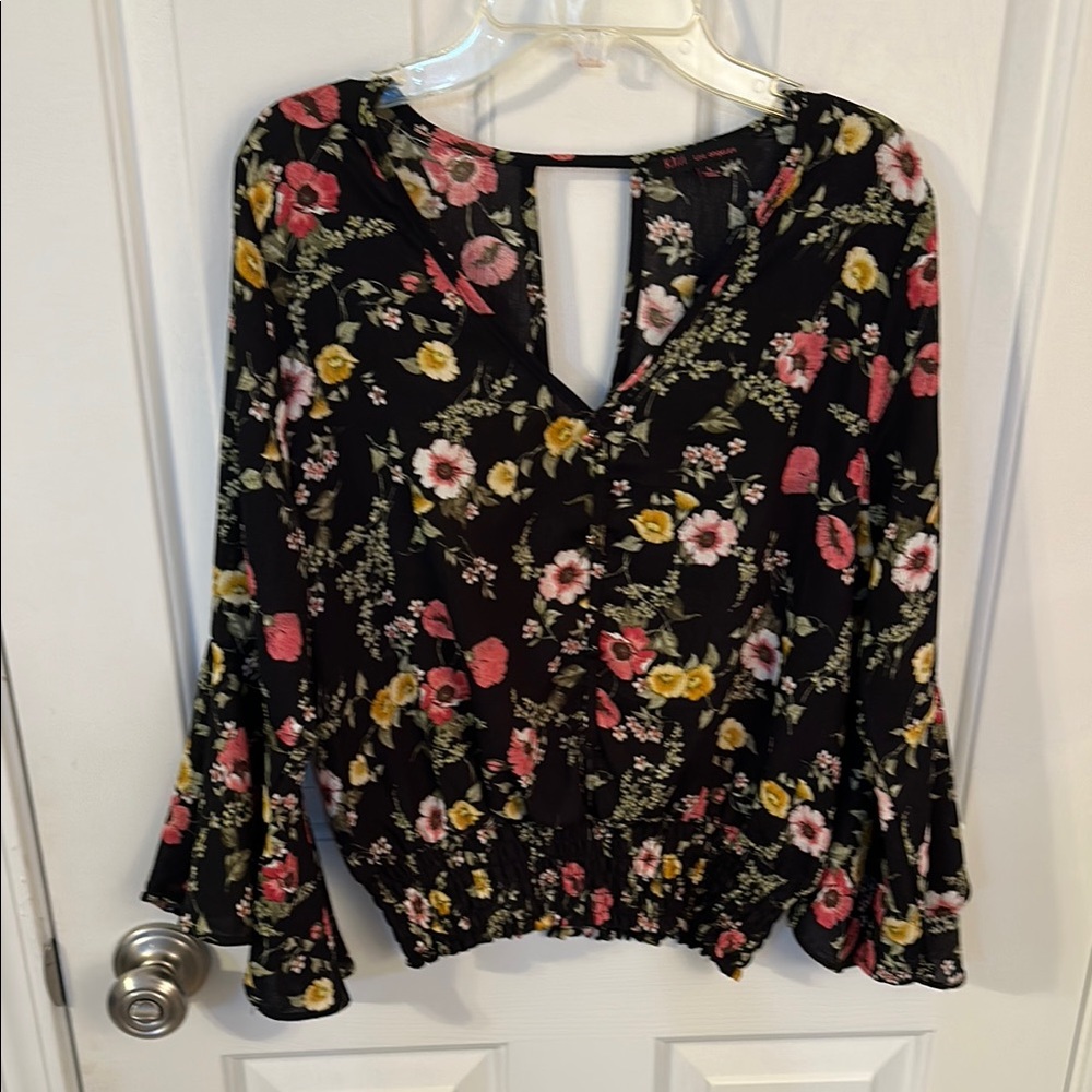 Floral Women's Top - Black with Pink and Yellow Accents